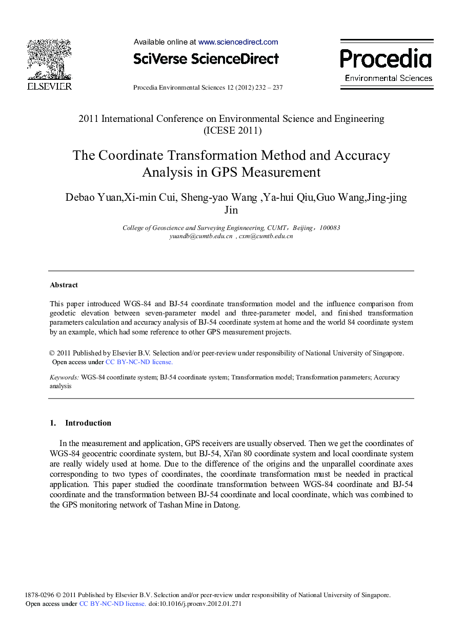The Coordinate Transformation Method and Accuracy Analysis in GPS Measurement