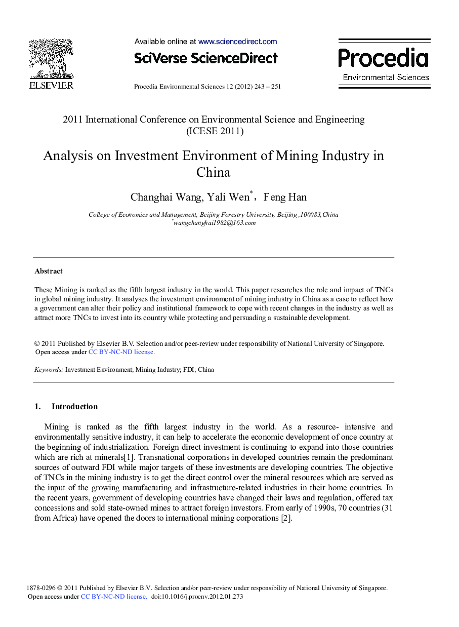 Analysis on Investment Environment of Mining Industry in China