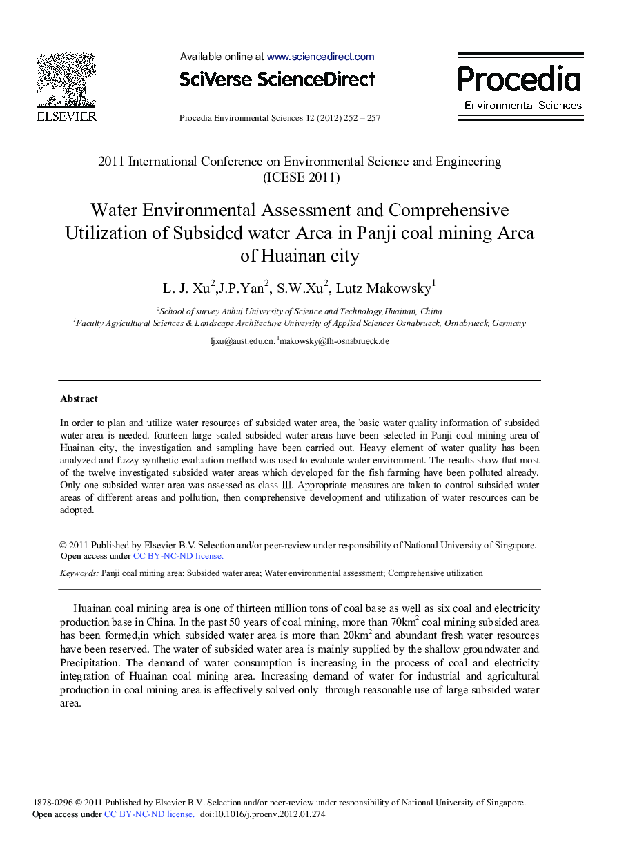 Water Environmental Assessment and Comprehensive Utilization of Subsided water Area in Panji coal mining Area of Huainan city