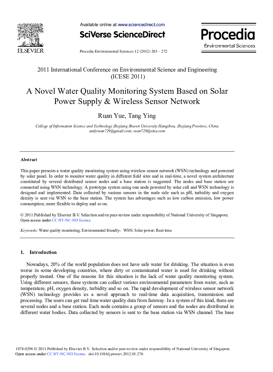 A Novel Water Quality Monitoring System Based on Solar Power Supply & Wireless Sensor Network