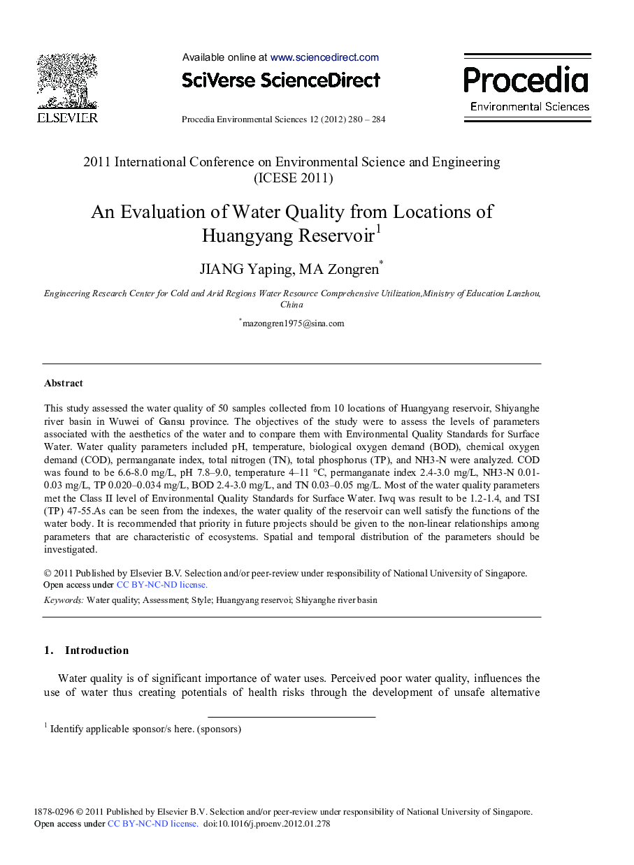 An Evaluation of Water Quality from Locations of Huangyang Reservoir 