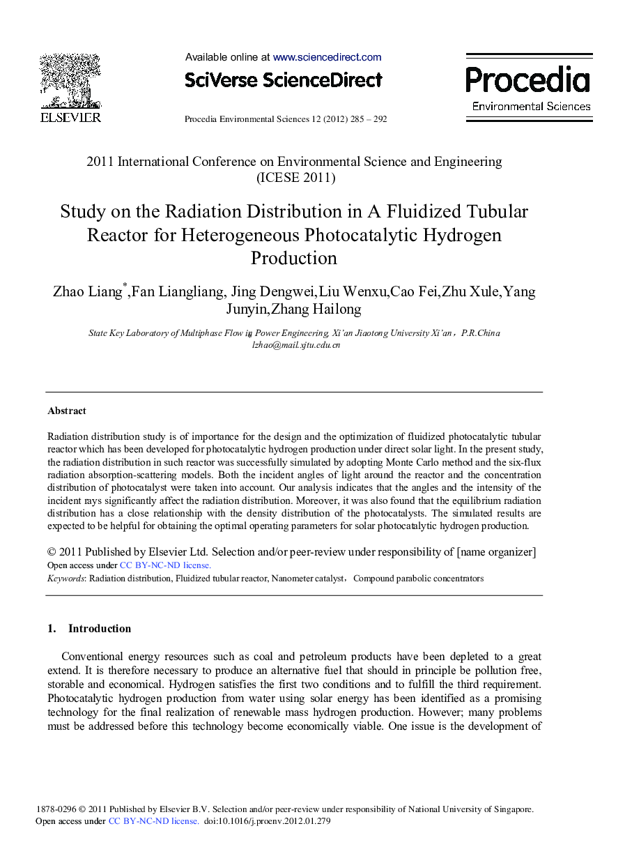 Study on the Radiation Distribution in A Fluidized Tubular Reactor for Heterogeneous Photocatalytic Hydrogen Production