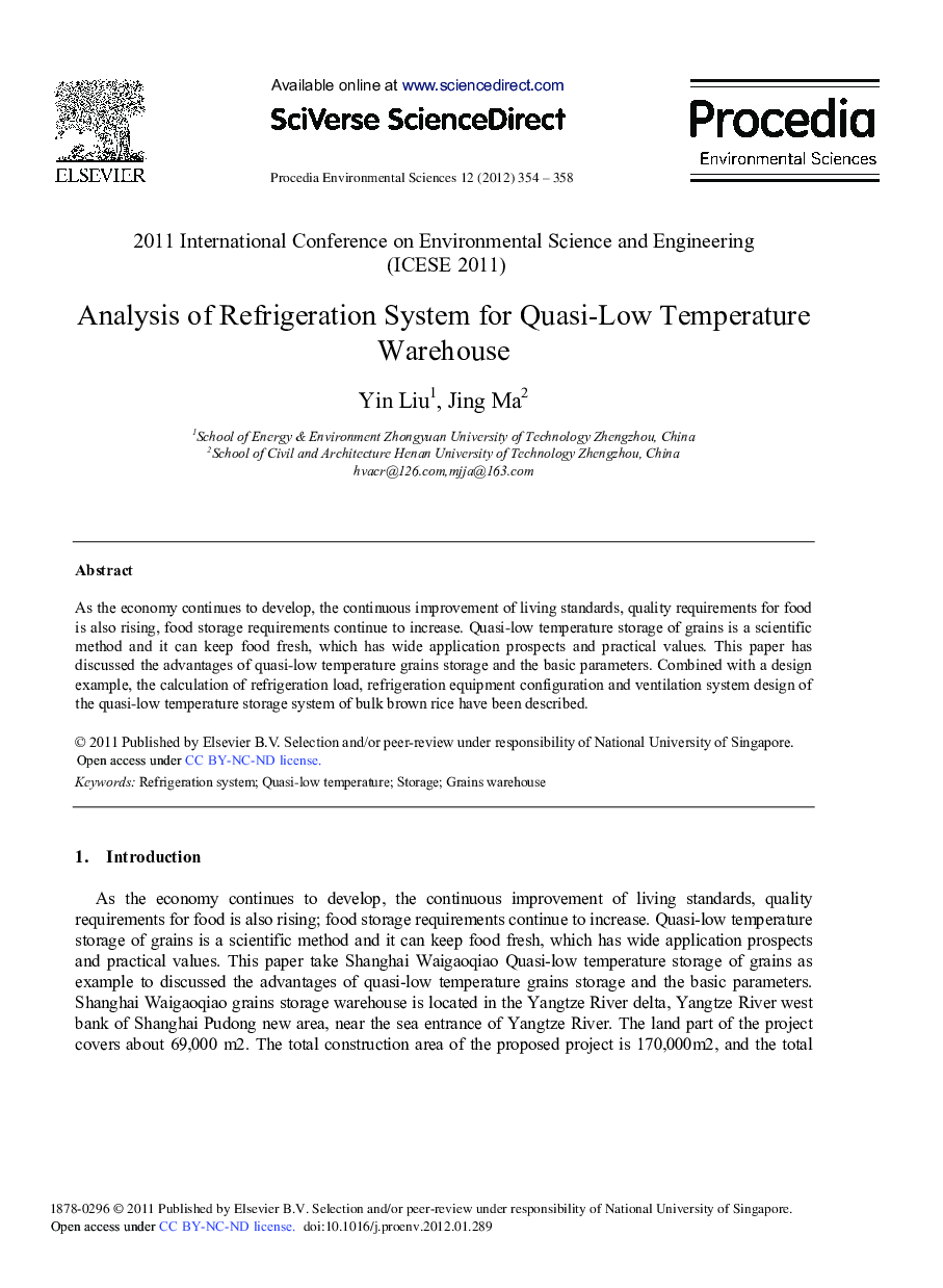 Analysis of Refrigeration System for Quasi-Low Temperature Warehouse