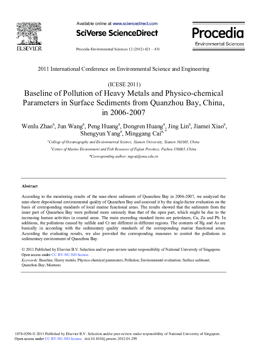 Baseline of Pollution of Heavy Metals and Physico-chemical Parameters in Surface Sediments from Quanzhou Bay, China, in 2006-2007
