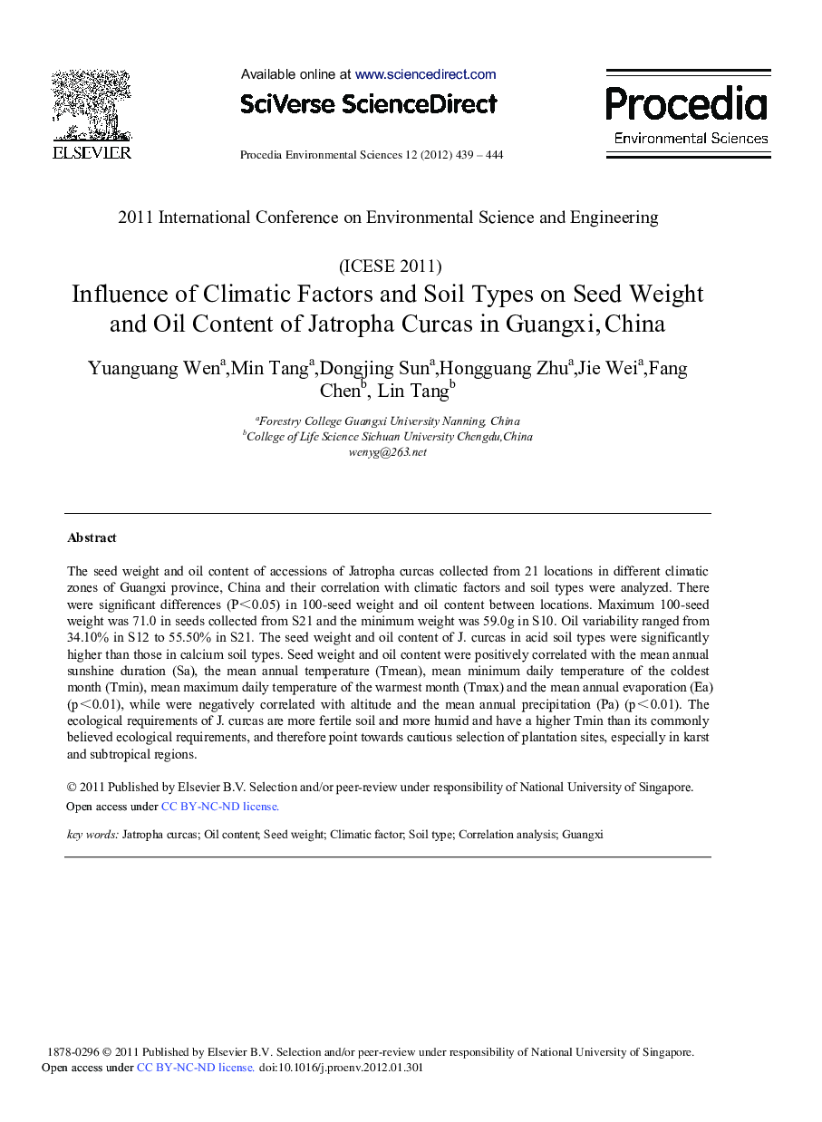 Influence of Climatic Factors and Soil Types on Seed Weight and Oil Content of Jatropha Curcas in Guangxi, China