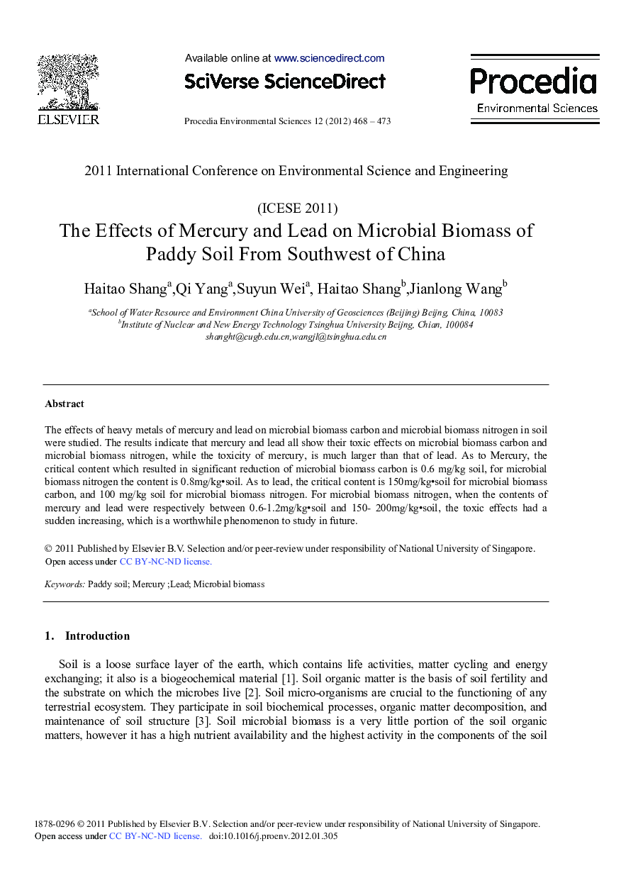The Effects of Mercury and Lead on Microbial Biomass of Paddy Soil From Southwest of China