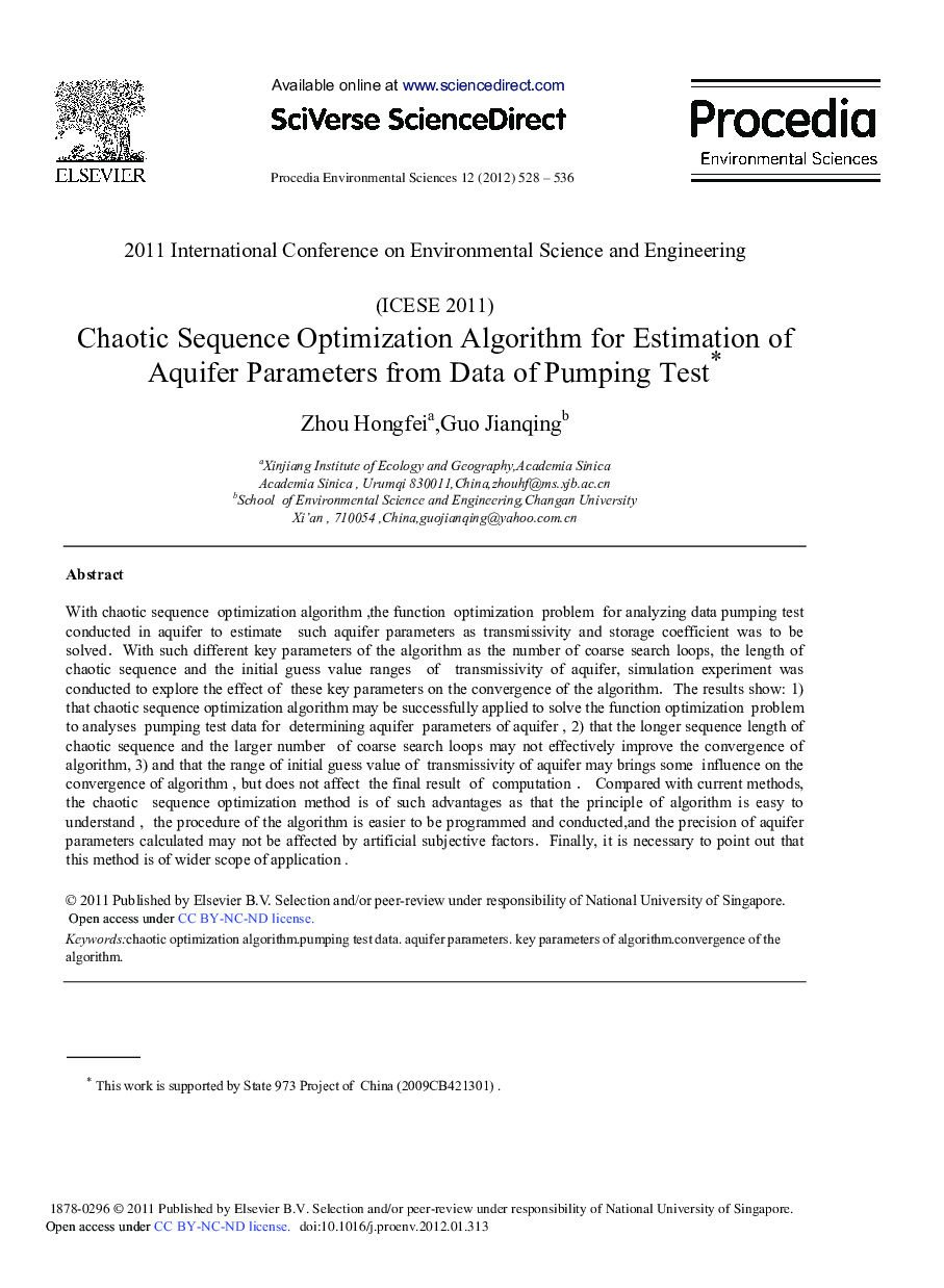 Chaotic Sequence Optimization Algorithm for Estimation of Aquifer Parameters from Data of Pumping Test 