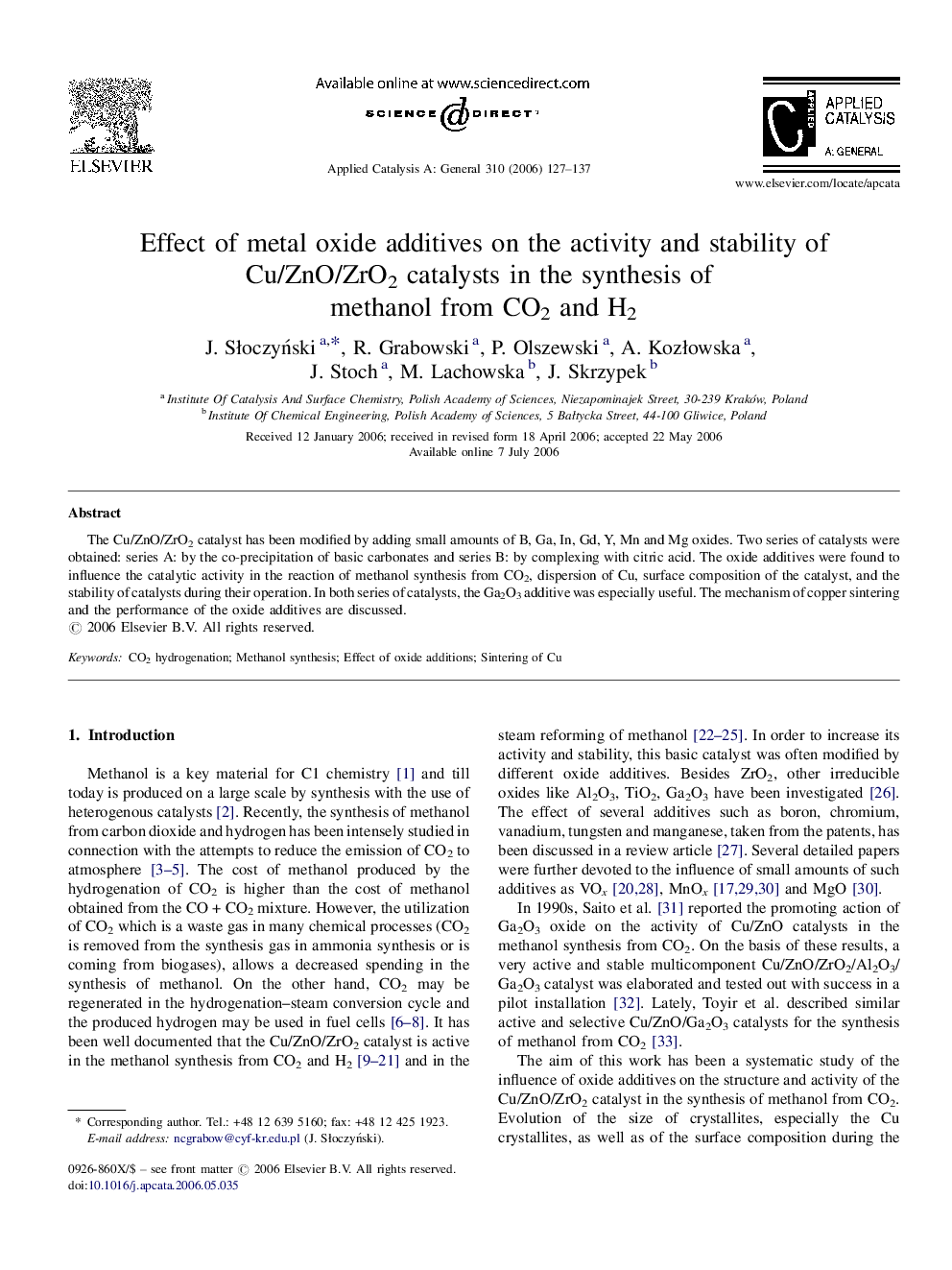Effect of metal oxide additives on the activity and stability of Cu/ZnO/ZrO2 catalysts in the synthesis of methanol from CO2 and H2