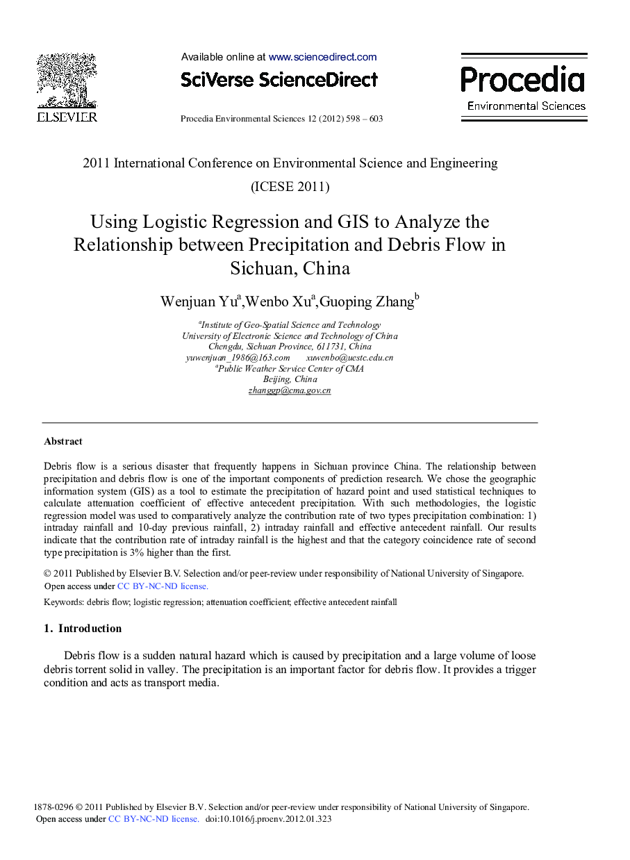Using Logistic Regression and GIS to Analyze the Relationship between Precipitation and Debris Flow in Sichuan, China