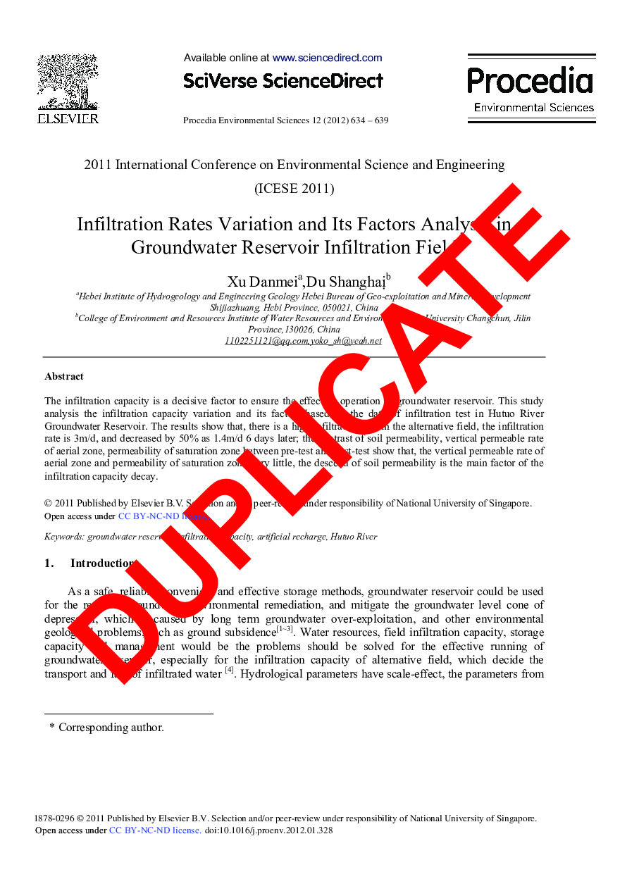 WITHDRAWN: Infiltration Rates Variation and Its Factors Analysis in Groundwater Reservoir Infiltration Field