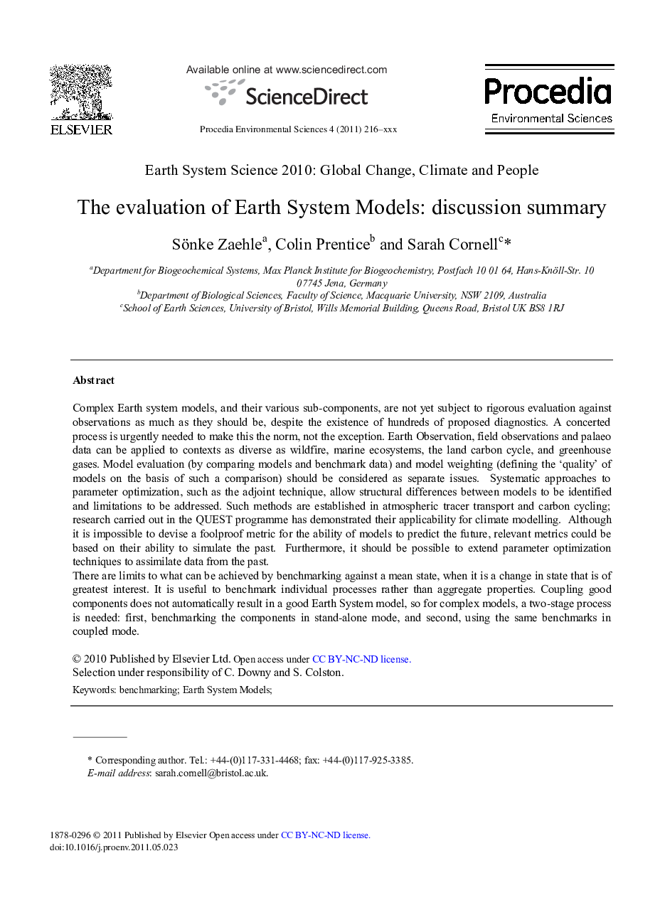 The evaluation of Earth System Models: discussion summary