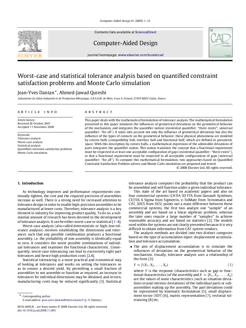 Worst-case and statistical tolerance analysis based on quantified constraint satisfaction problems and Monte Carlo simulation