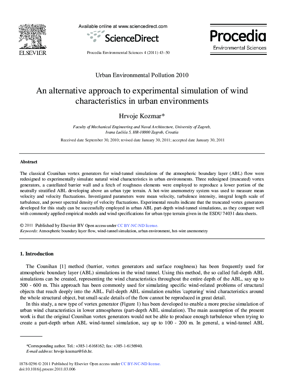 An alternative approach to experimental simulation of wind characteristics in urban environments