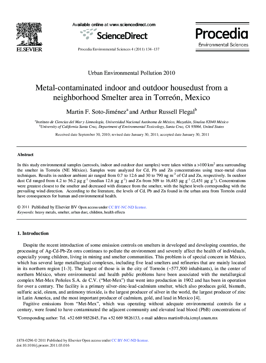 Metal-contaminated indoor and outdoor housedust from a neighborhood Smelter area in Torreón, Mexico