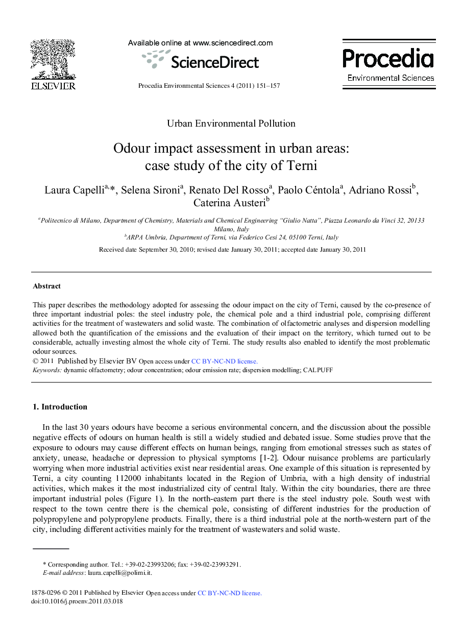 Odour impact assessment in urban areas: case study of the city of Terni