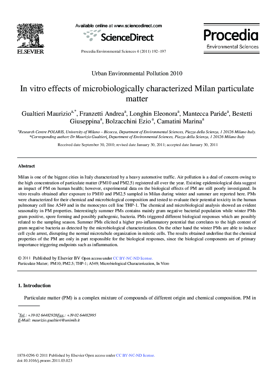 In vitro effects of microbiologically characterized Milan particulate matter