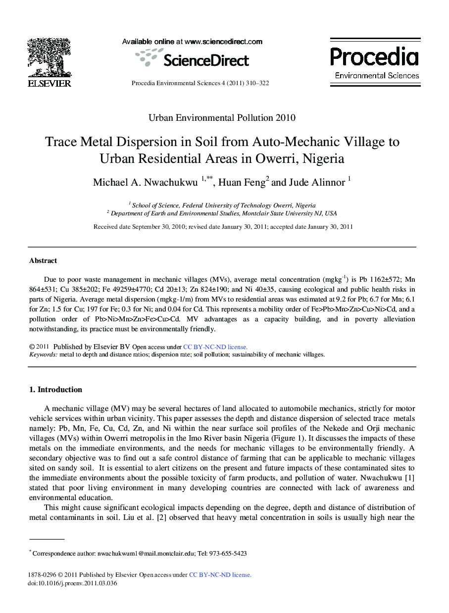 Trace Metal Dispersion in Soil from Auto-Mechanic Village to Urban Residential Areas in Owerri, Nigeria