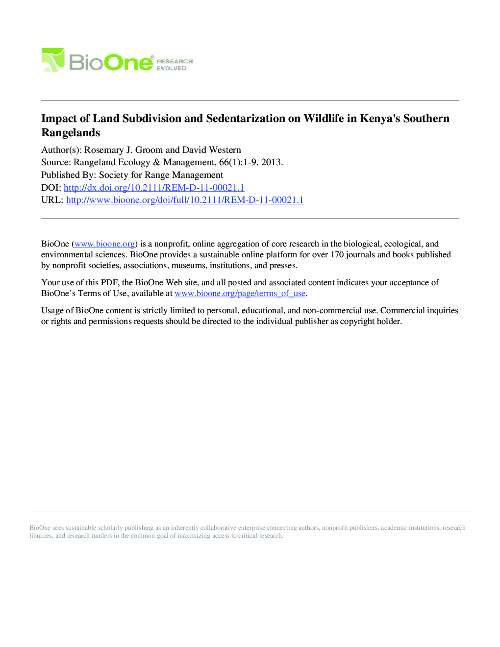 Impact of Land Subdivision and Sedentarization on Wildlife in Kenya's Southern Rangelands