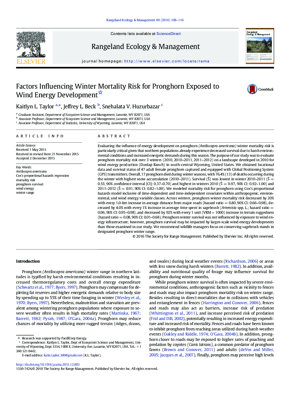 Factors Influencing Winter Mortality Risk for Pronghorn Exposed to Wind Energy Development