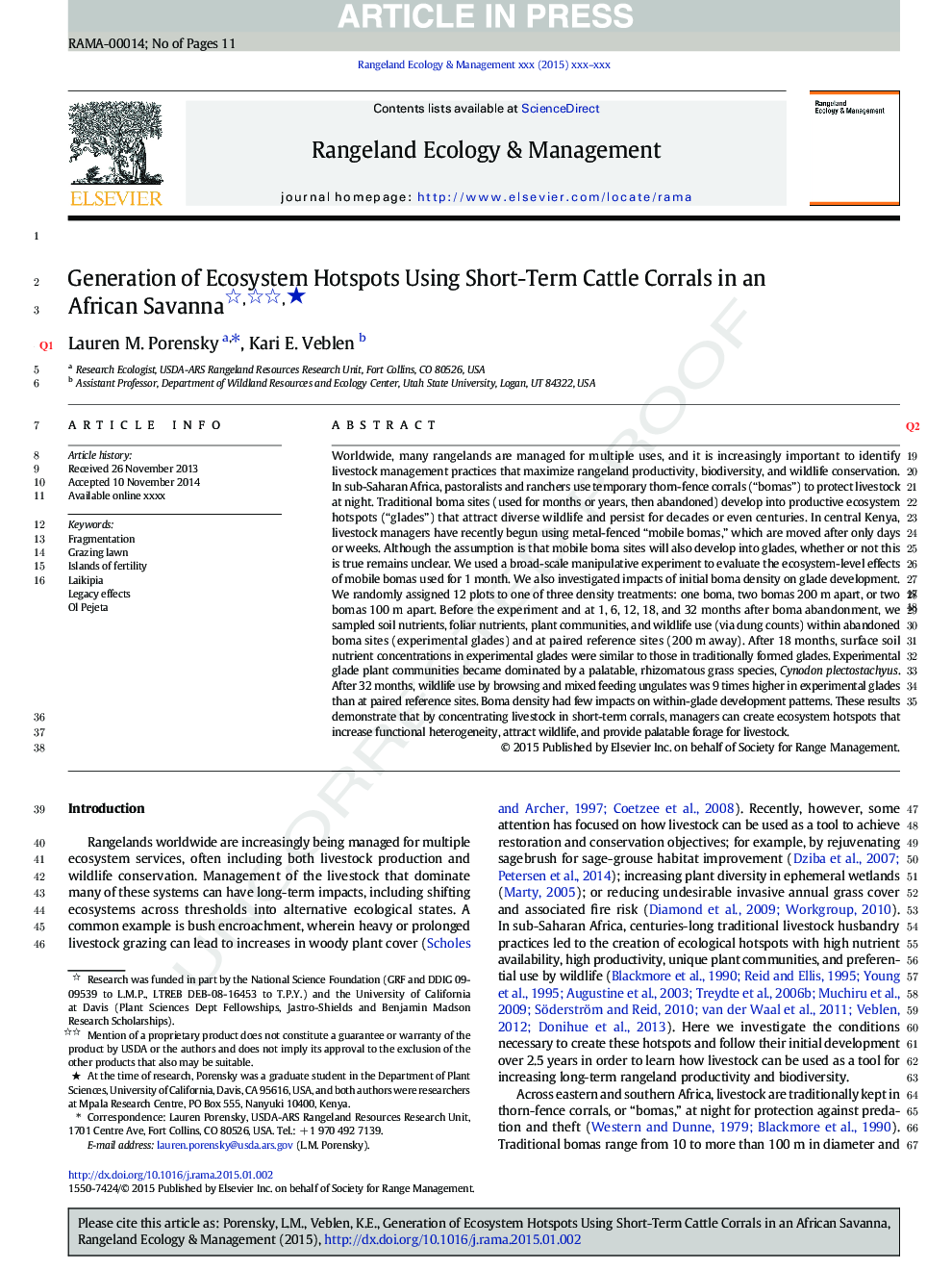 عکس صفحه اول مقاله: Generation of Ecosystem Hotspots Using Short-Term Cattle Corrals in an African Savanna Generation of Ecosystem Hotspots Using Short-Term Cattle Corrals in an African Savanna