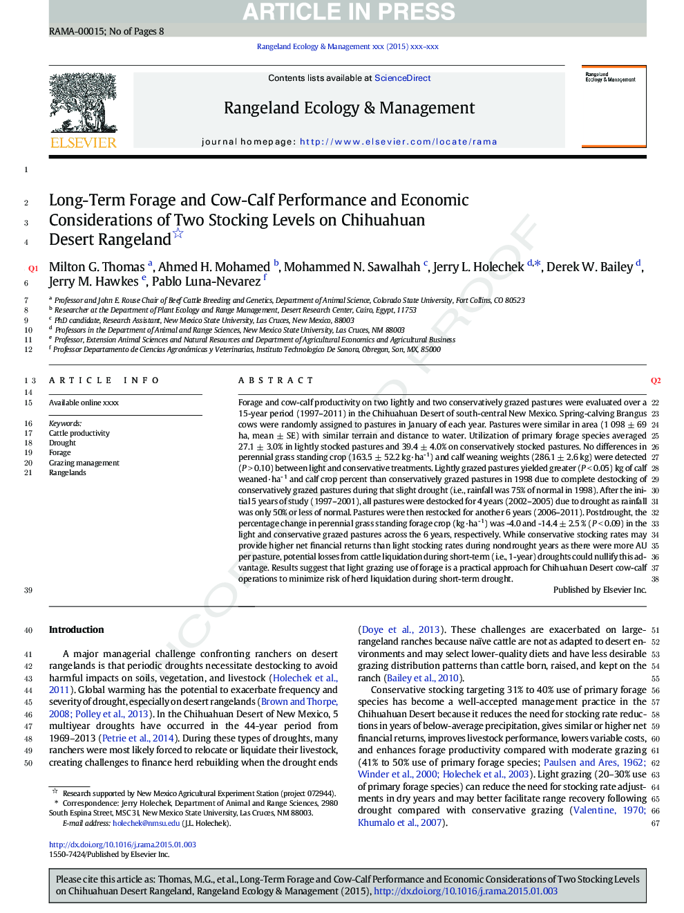 Long-Term Forage and Cow-Calf Performance and Economic Considerations of Two Stocking Levels on Chihuahuan Desert Rangeland