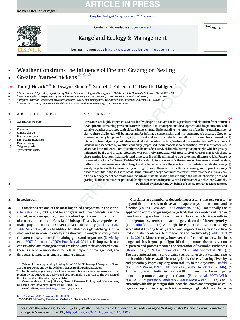 Weather Constrains the Influence of Fire and Grazing on Nesting Greater Prairie-Chickens