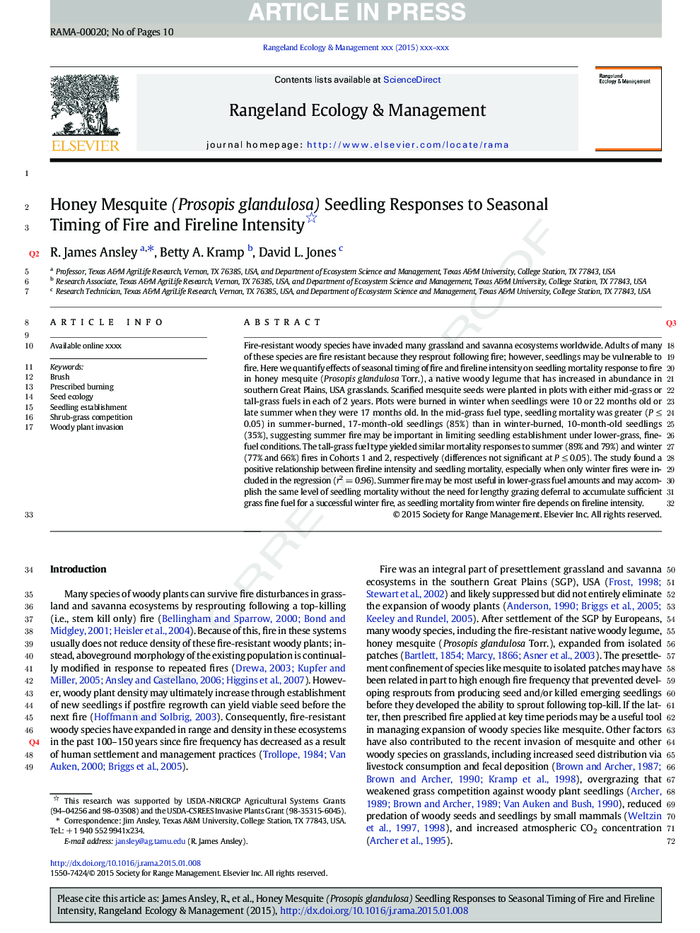 Honey Mesquite (Prosopis glandulosa) Seedling Responses to Seasonal Timing of Fire and Fireline Intensity