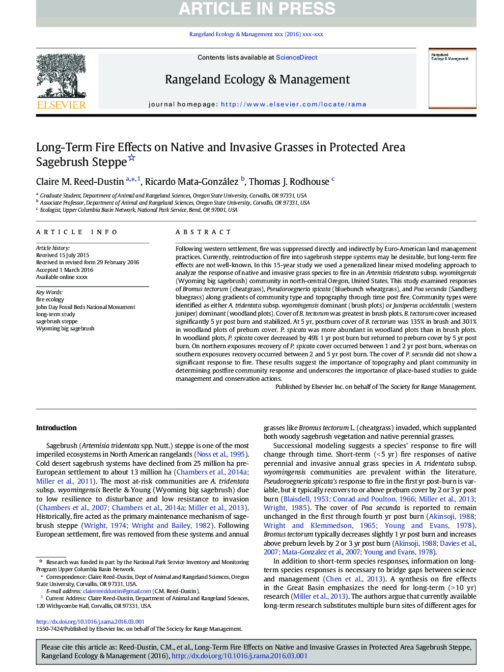 Long-Term Fire Effects on Native and Invasive Grasses in Protected Area Sagebrush Steppe