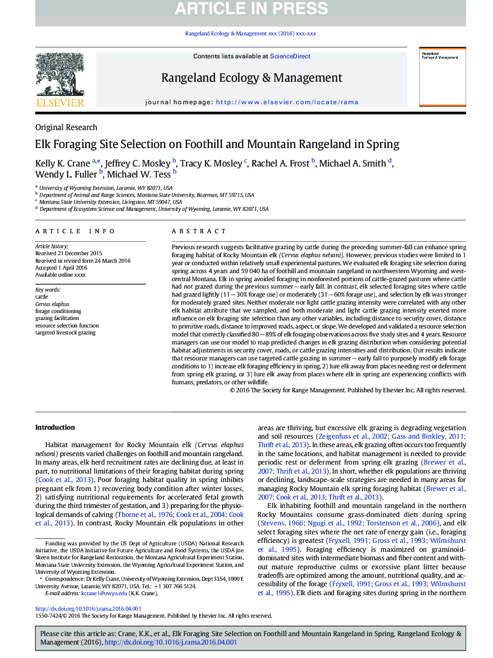 Elk Foraging Site Selection on Foothill and Mountain Rangeland in Spring