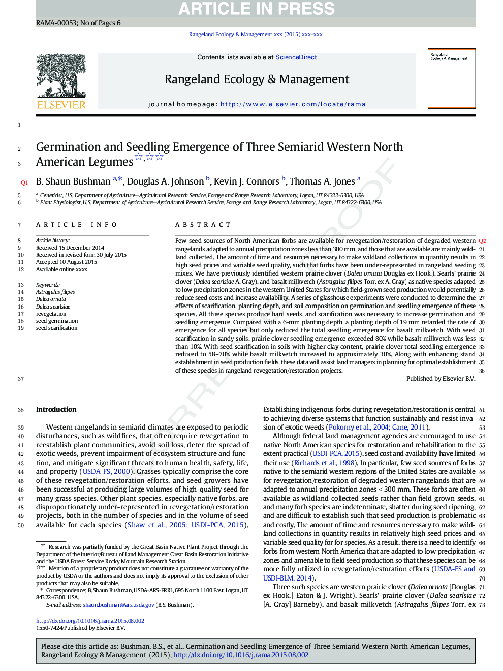 Germination and Seedling Emergence of Three Semiarid Western North American Legumes