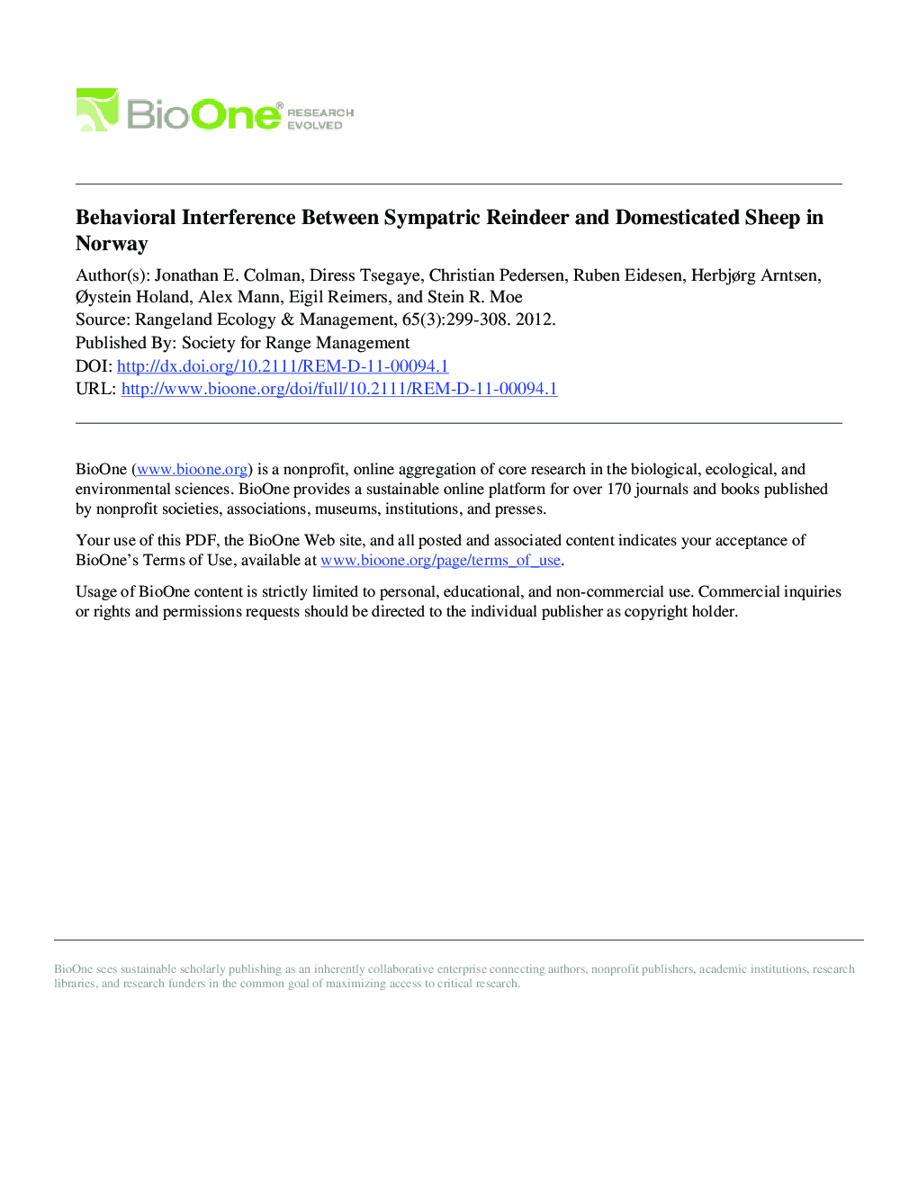 Behavioral Interference Between Sympatric Reindeer and Domesticated Sheep in Norway