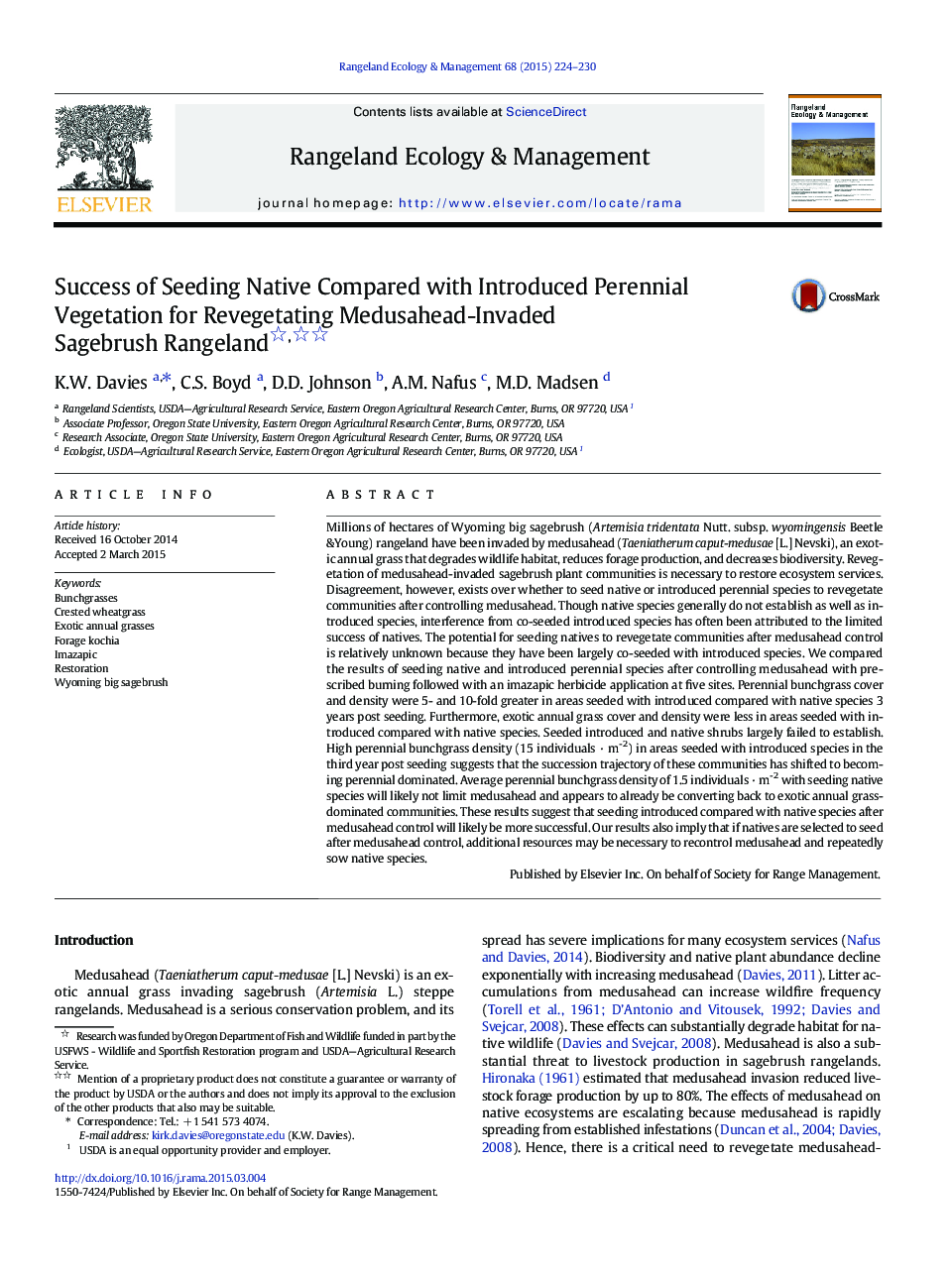 Success of Seeding Native Compared with Introduced Perennial Vegetation for Revegetating Medusahead-Invaded Sagebrush Rangeland