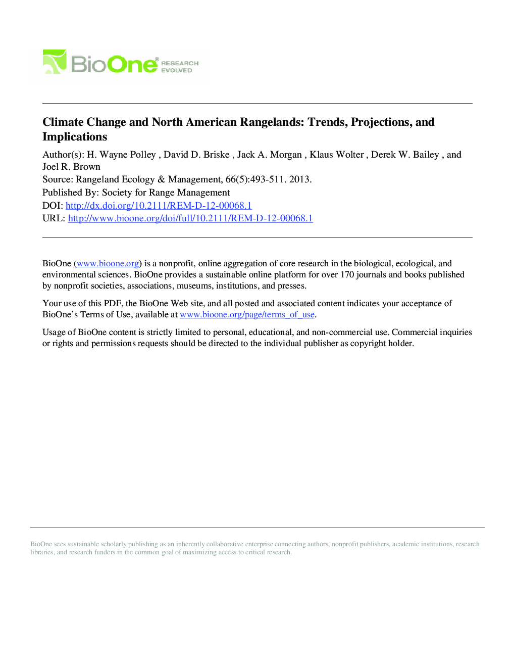 Climate Change and North American Rangelands: Trends, Projections, and Implications