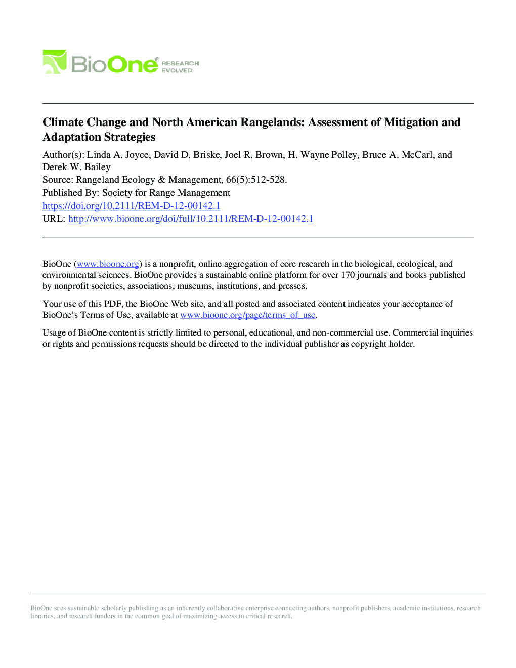 Climate Change and North American Rangelands: Assessment of Mitigation and Adaptation Strategies