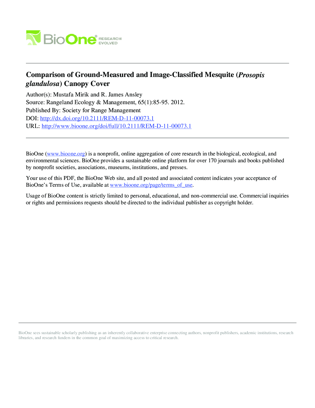 Comparison of Ground-Measured and Image-Classified Mesquite (Prosopis glandulosa) Canopy Cover