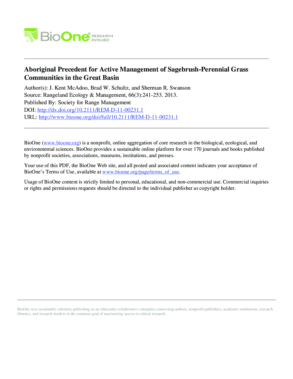 Aboriginal Precedent for Active Management of Sagebrush-Perennial Grass Communities in the Great Basin