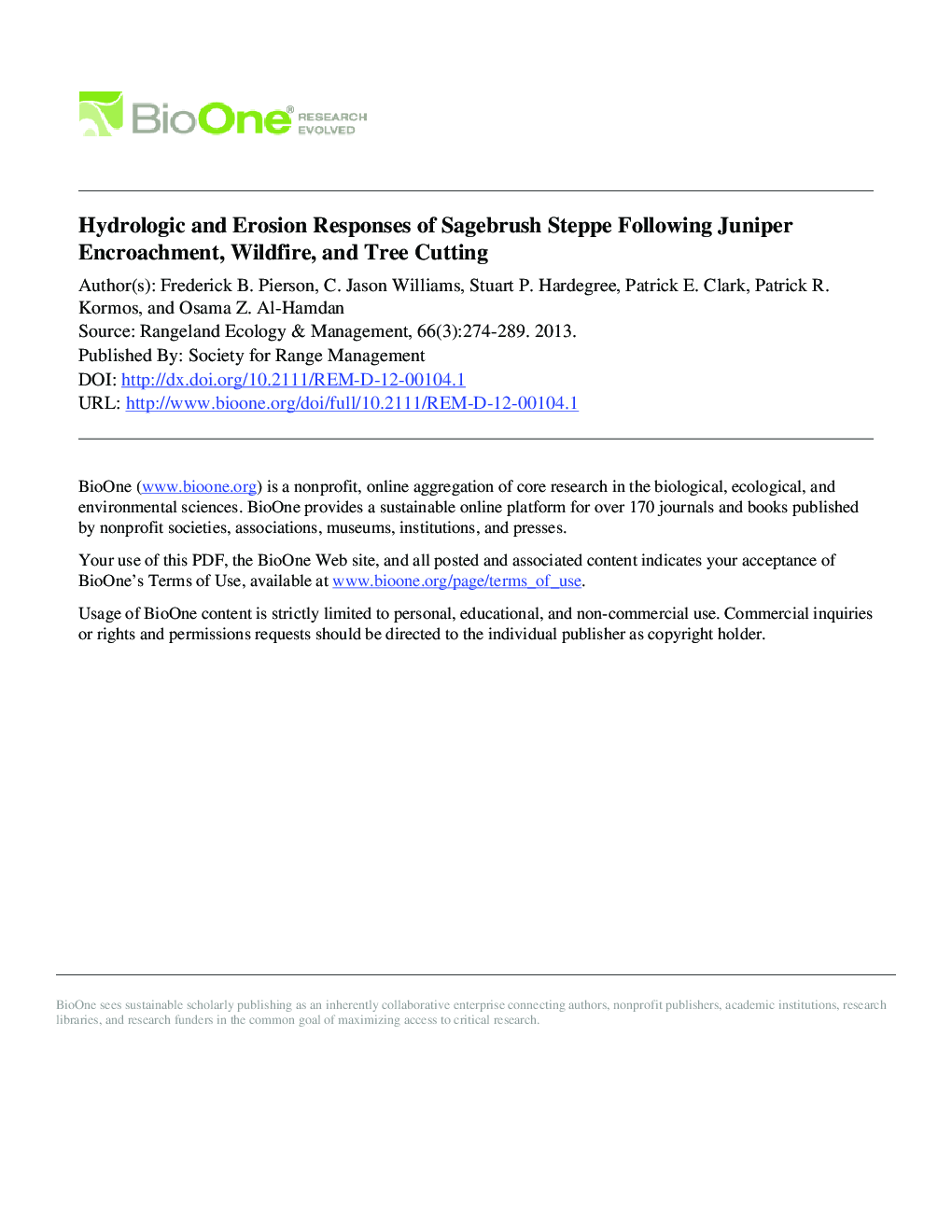 Hydrologic and Erosion Responses of Sagebrush Steppe Following Juniper Encroachment, Wildfire, and Tree Cutting