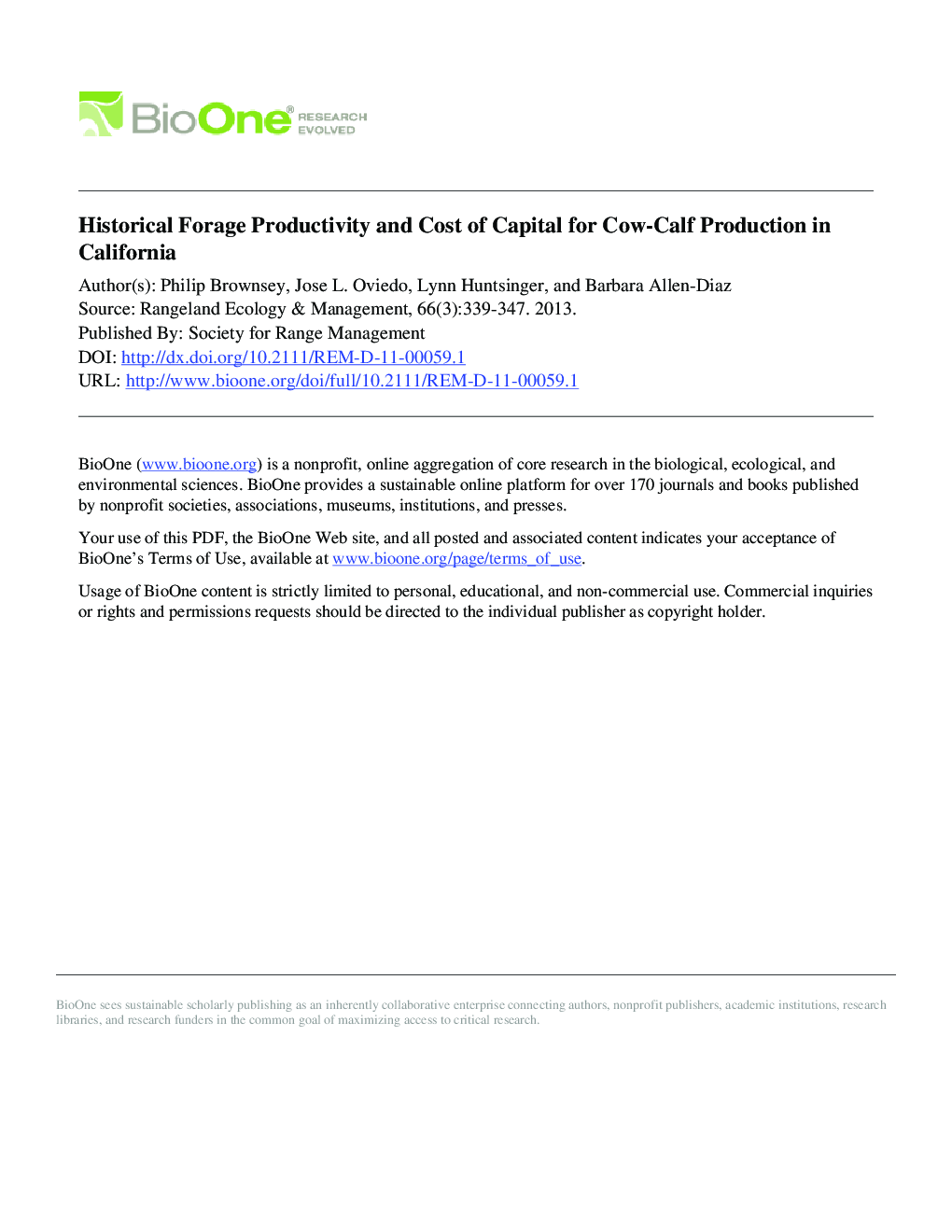 Historical Forage Productivity and Cost of Capital for Cow-Calf Production in California