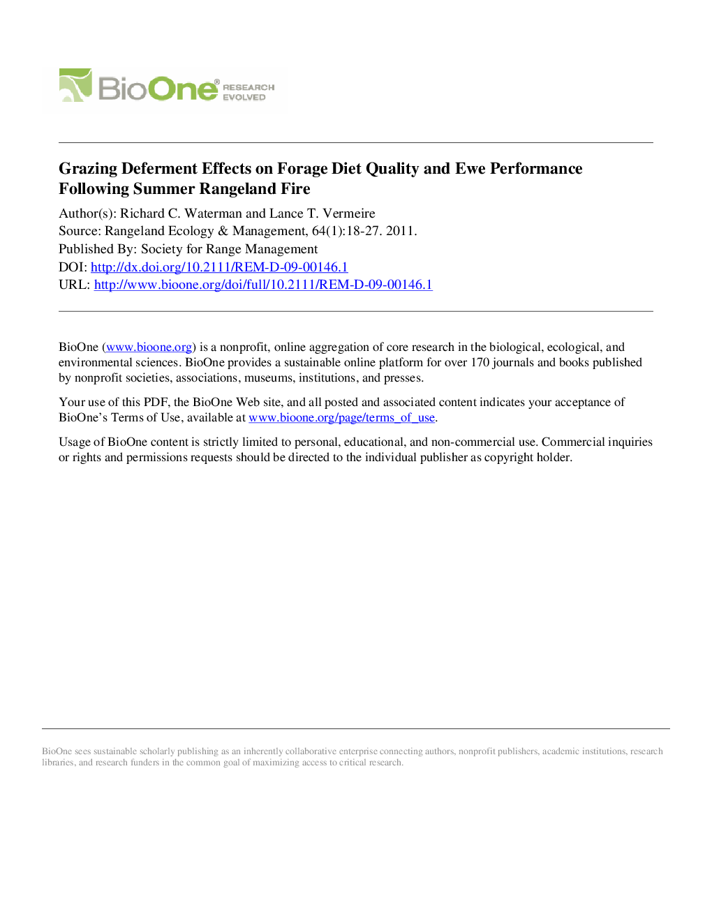 Grazing Deferment Effects on Forage Diet Quality and Ewe Performance Following Summer Rangeland Fire