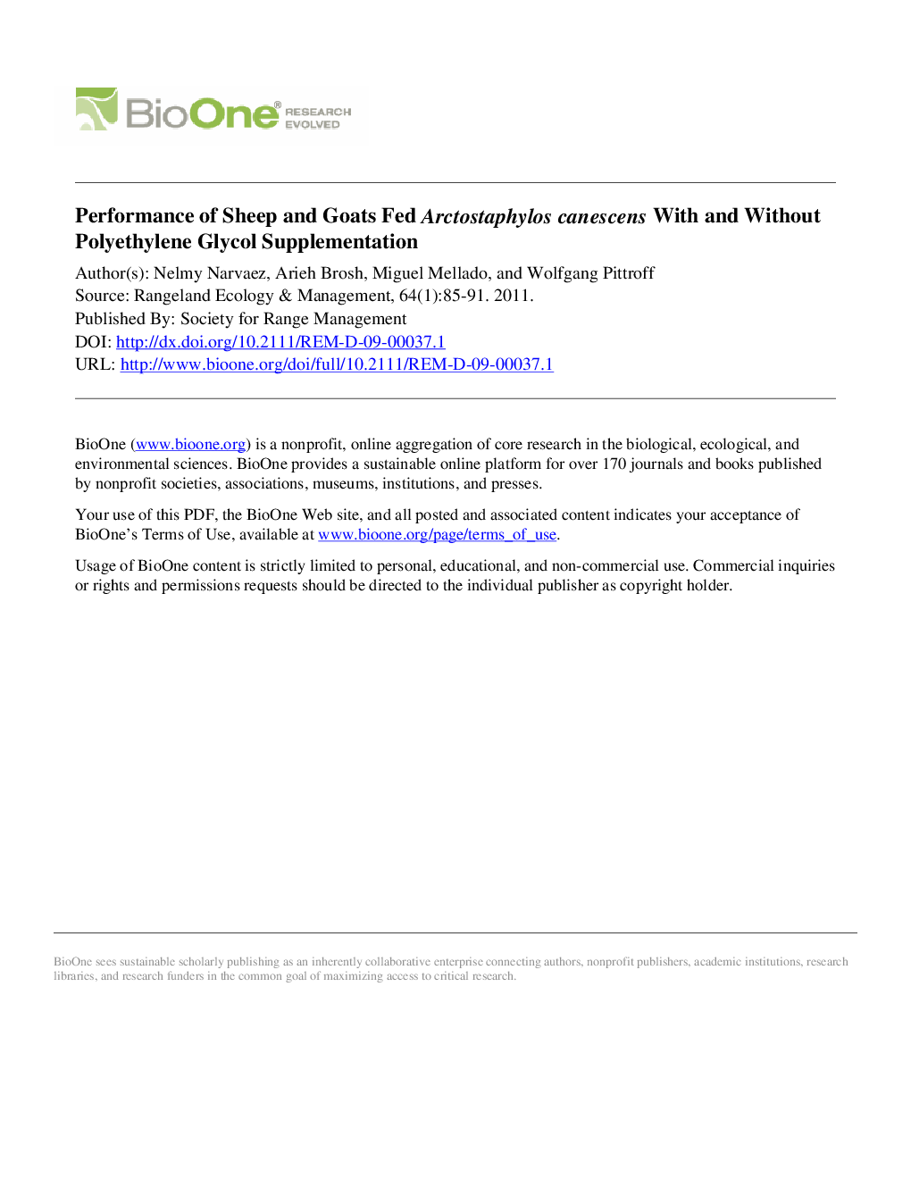 Performance of Sheep and Goats Fed Arctostaphylos canescens With and Without Polyethylene Glycol Supplementation