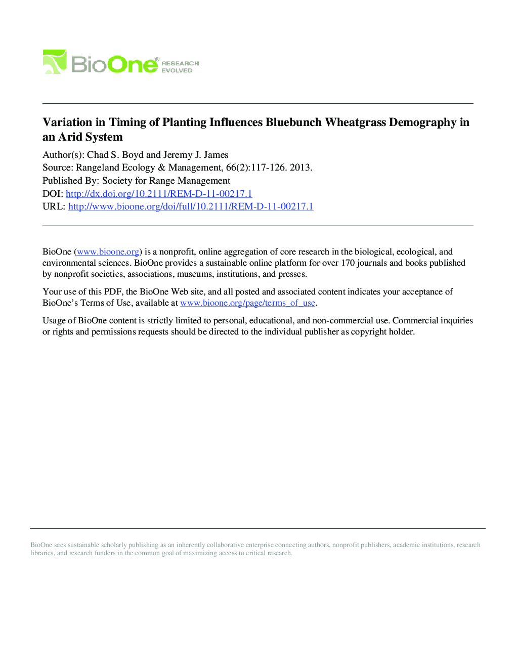 Variation in Timing of Planting Influences Bluebunch Wheatgrass Demography in an Arid System