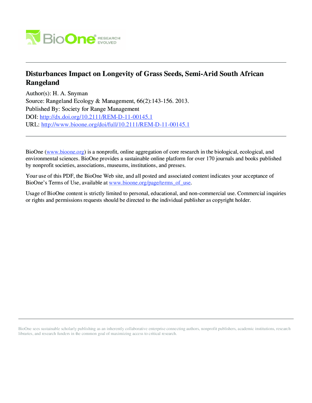 Disturbances Impact on Longevity of Grass Seeds, Semi-Arid South African Rangeland