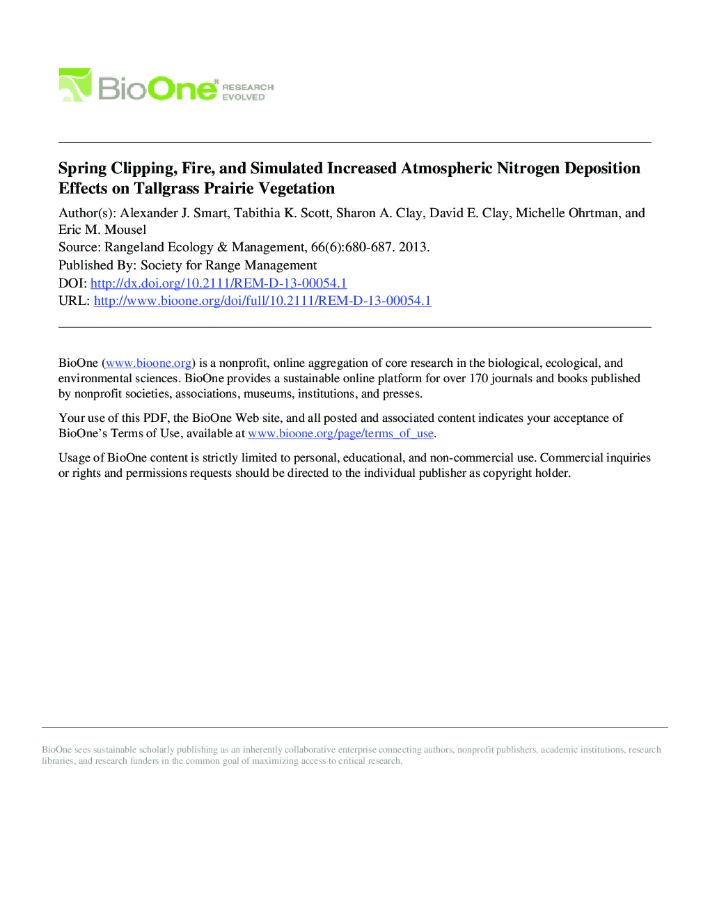 Spring Clipping, Fire, and Simulated Increased Atmospheric Nitrogen Deposition Effects on Tallgrass Prairie Vegetation