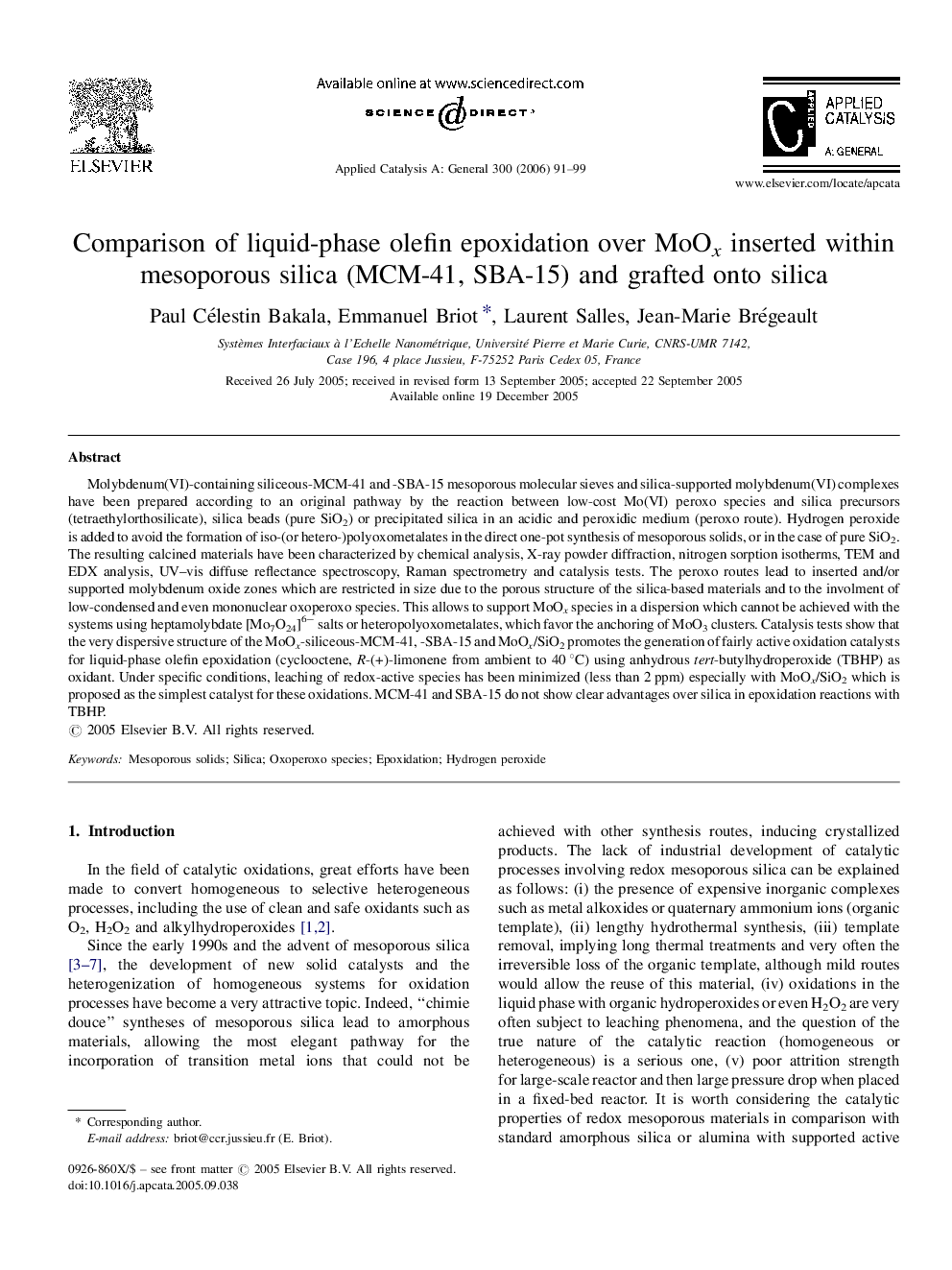 Comparison of liquid-phase olefin epoxidation over MoOx inserted within mesoporous silica (MCM-41, SBA-15) and grafted onto silica