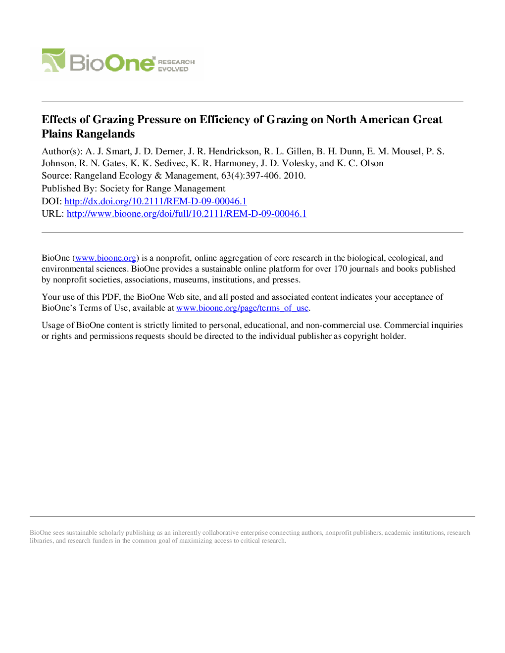 Effects of Grazing Pressure on Efficiency of Grazing on North American Great Plains Rangelands