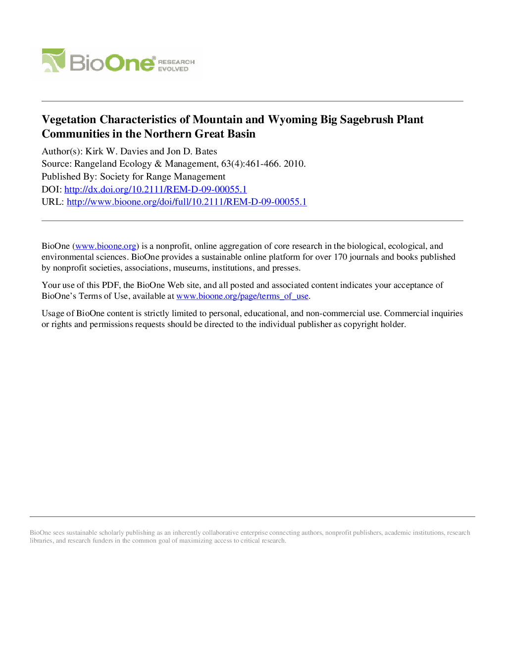 Vegetation Characteristics of Mountain and Wyoming Big Sagebrush Plant Communities in the Northern Great Basin