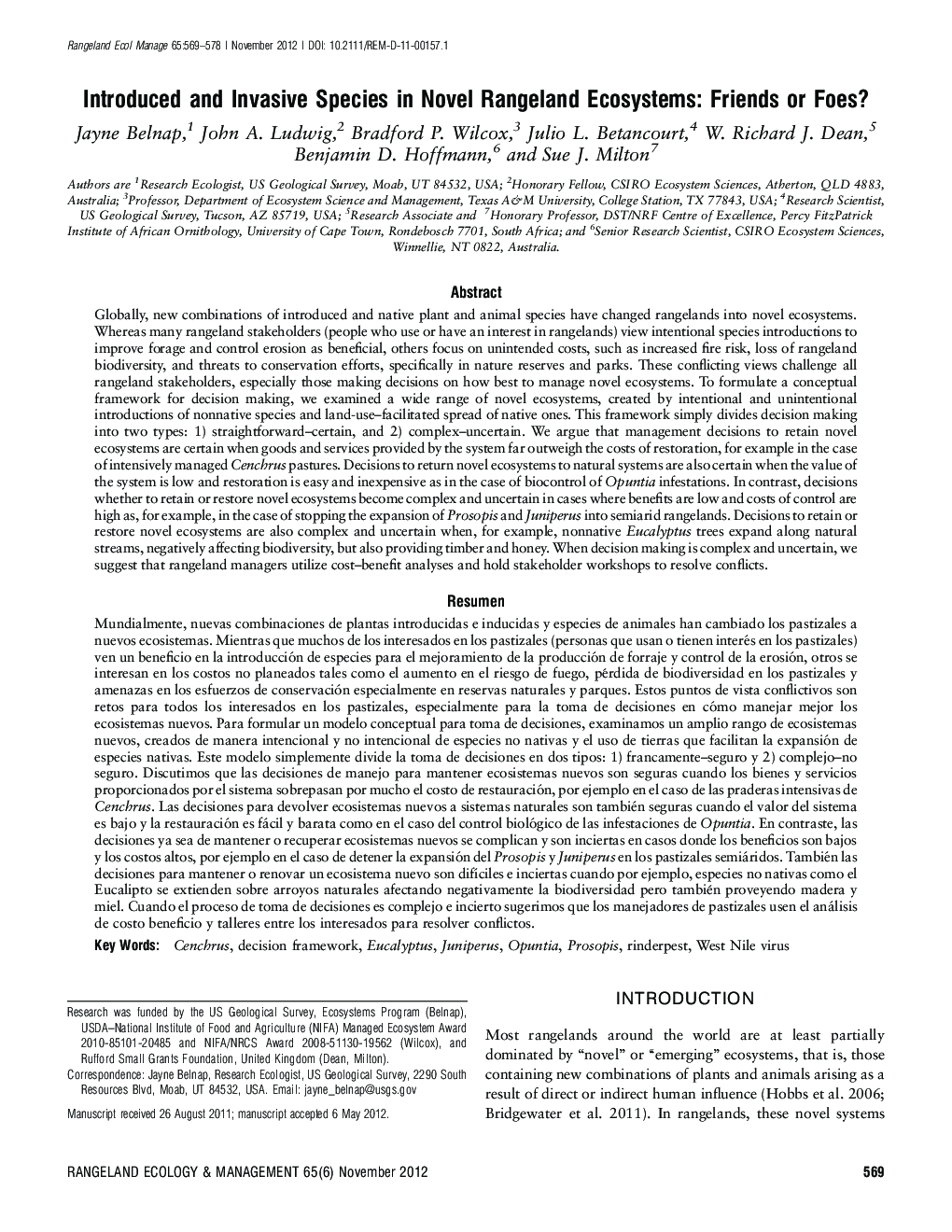 Introduced and Invasive Species in Novel Rangeland Ecosystems: Friends or Foes? 