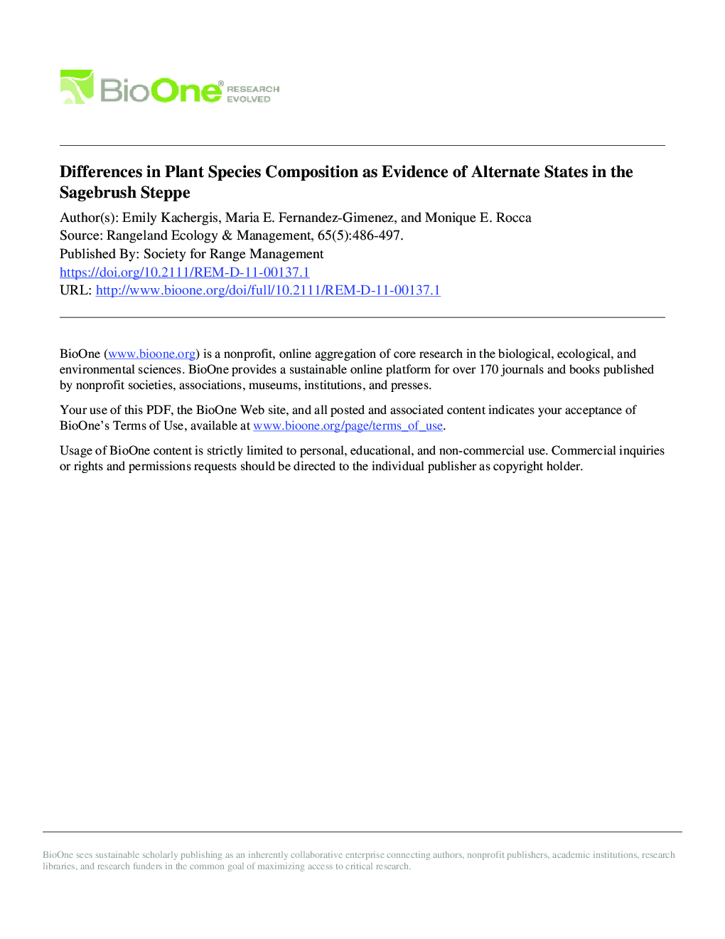 Differences in Plant Species Composition as Evidence of Alternate States in the Sagebrush Steppe