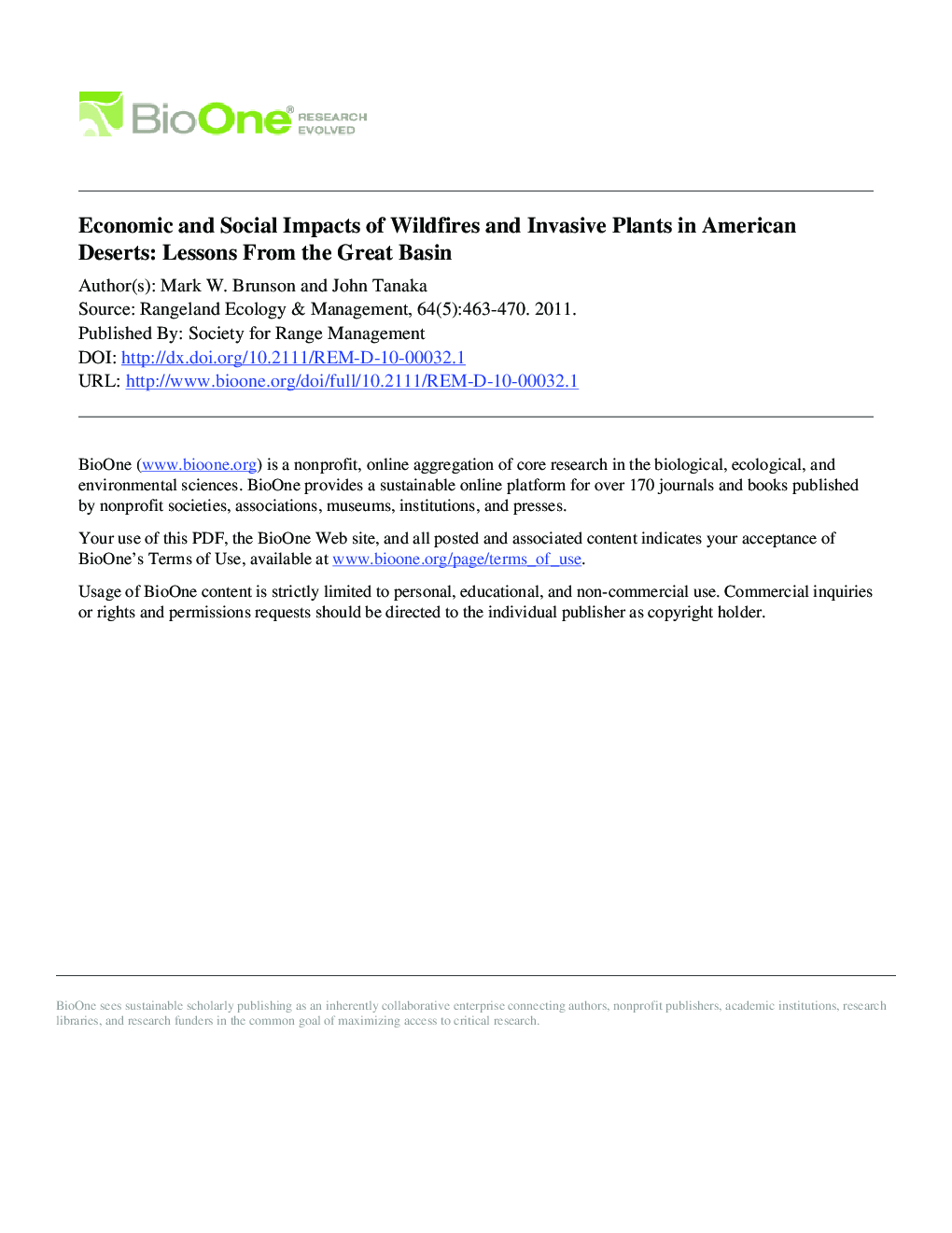 Economic and Social Impacts of Wildfires and Invasive Plants in American Deserts: Lessons From the Great Basin