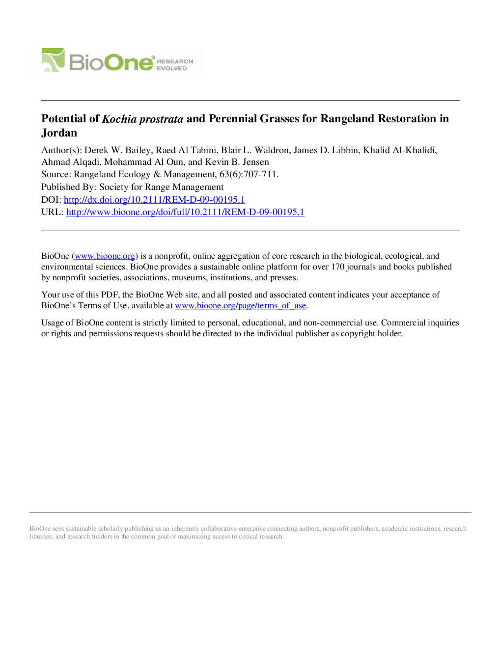 Potential of Kochia prostrata and Perennial Grasses for Rangeland Restoration in Jordan